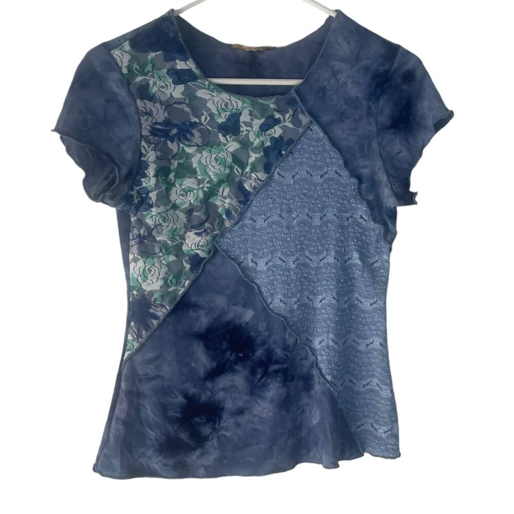 Y2k Size XS Blue Green Mixed Floral Lace Blue Flutter Shirt Patchwork Cotage‎
